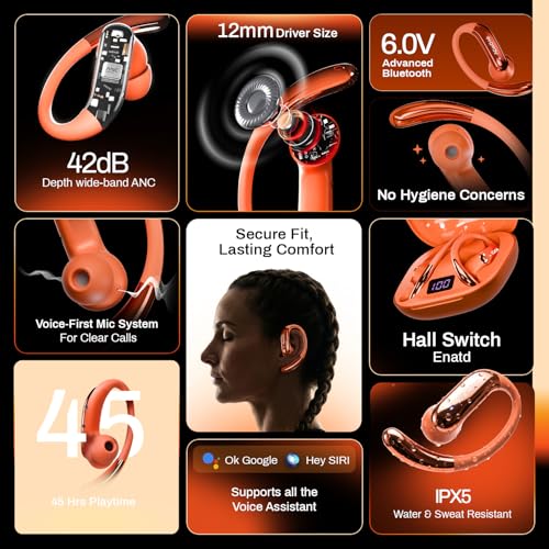 Image of DwOTS Sense Pro True Wireless Earbuds, 42dB ANC, Voice-First Mic System for Clear Calls, Skin-Friendly Ear Hooks, 12mm Drivers, Dual Pairing, Sweat Resistant, Advanced Bluetooth Ear Buds (Orange)