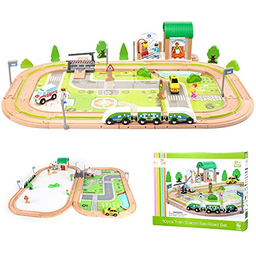 Kidus Wooden Train Set with Train Toys and Train Tracks for Toddlers 110 PCS Train Station Railway and Road Set Compatible with Thomas Brio IKEA Melissa & Chuggington Toy Train Set for Age 3+
