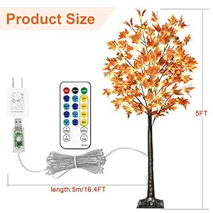 5FT 90LED Lighted Maple Tree Thanksgiving Decor Artificial Tree with 9 Acorns 180 Leaves Remote 8 Flashing Modes Timing Fall Tree for Outdoor Wedding Party Autumn Decor