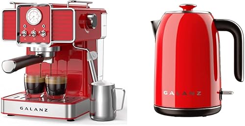Galanz Máquina de espresso retro con espumador de leche bomba de 15 bares rojo retro 1350 W y hervidor eléctrico retro con mango resistente al calor