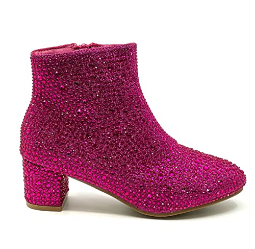 Forever Girls Rhinestone Boots Kids Low Heel Dress Booties Iceberg-12K Shoes Fuchsia Rhinestone 13