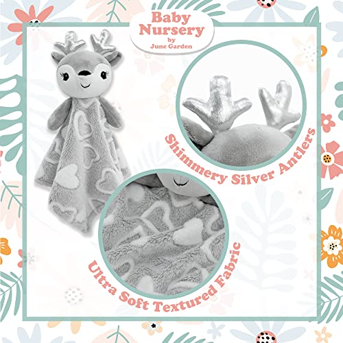 June Garden Cozy Dream Fleece Baby Security Blanket - Infants Nursery Bed Blankets - 15 X 15 Inches Lovey - Stuffed Deer Animal Plush - Grey #TOP1