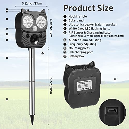 2 Pieces Ultrasonic Animal Repeller Solar Powered Animal Repellent Outdoor Coyote Deterrent Devices Waterproof With Motion Sensor Audible Alarm Flashing Light For Garden Cat Dog Skunk Deer, Black #TOP1