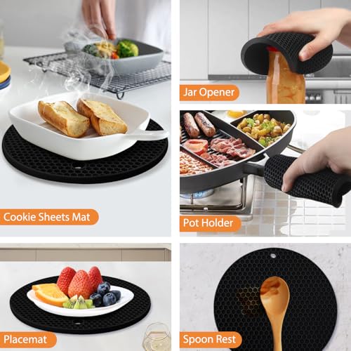 Image of 4 Pack Silicone Trivet Mats, 9 Inch Flexible Heat Resistant Silicone Hot Pads Pot Holders for Kitchen Counter, Round Trivets for Hot Dishes - Potholders Jar Opener(Black)