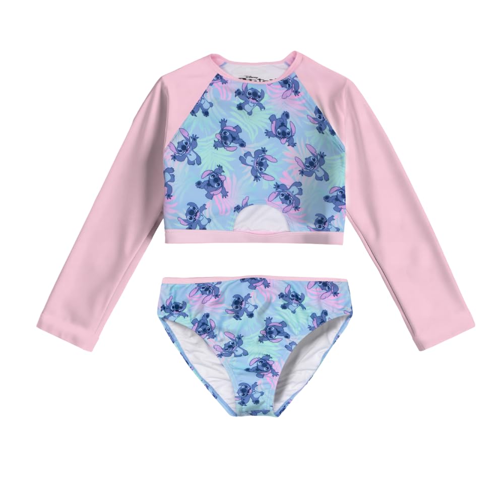 Disney Lilo & Stitch Girls 2-Piece Swimsuit Set, Long-Sleeved Rash Guard and Bikini Bottoms, Quick-Drying Swimwear for Kids