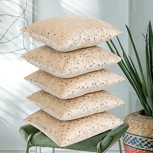 Image of RD TREND Premium Velvet Cushion Covers Set of 5 | Soft Decorative Throw Pillow Covers for Sofa, Bed & Living Room | Cushion Cover 24 inch x 24 inch (60x60 cm) Cream Caramel