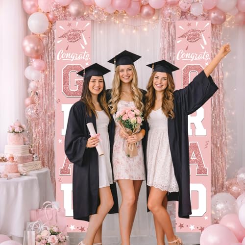 Image of Graduation Decorations 2026, Pink Rose Gold Door Porch Signs, Graduation Banner Class of 2026, Congrats Grad Banner for Door and Porch Graduation Party Supplies
