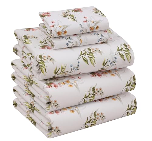 RUVANTI 100% Cotton Split King Sheets Sets for Adjustable Bed, 5 PCs, Soft & Breathable Percale Weave Bedding, Deep Pocket 16", Hotel Standard, Crisp Cool Feel & Durable, Floral Sheet, Floral Bliss