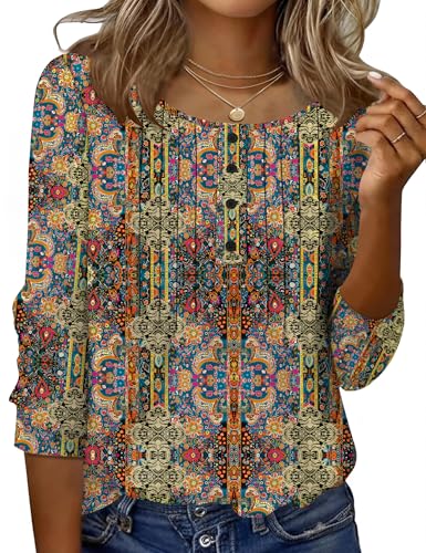 Ivicoer 3/4 Sleeve T Shirts for Women Crewneck Summer Tops Work Blouses for Women Fashion Trendy Clothes Womens Boho Clothing L