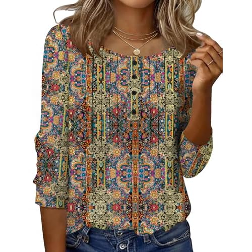 Ivicoer Women's 3/4 Length Sleeve Tops Crewneck Button Pleated Dressy Casual Blouses Boho Print Small