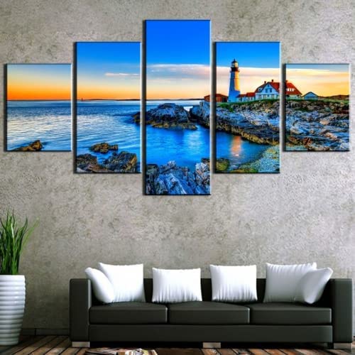 Toile Art Mural 5 Pièces Paysage Coucher De Soleil Phare Posters Et Arts Décoratifs Tableau Cuisine Decoration Murale Salon Moderne Impressions Sur Toile...