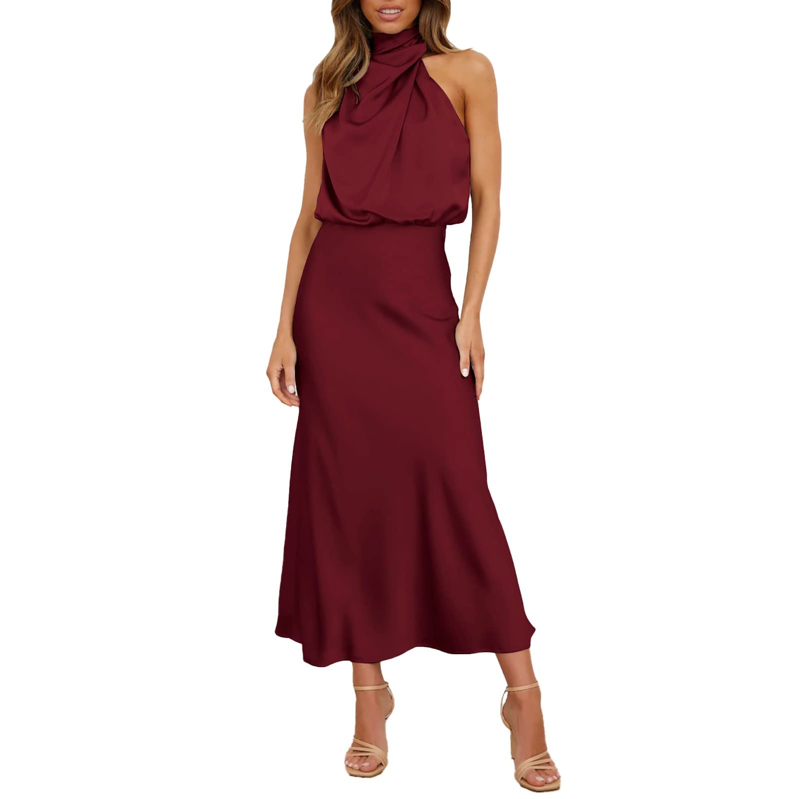 YOGALULU Vestido De Niña De Vestido largo de satén formal de verano para mujer, cuello falso, sin mangas, con abertura lateral, maxivestidos sin mangas fluidos Premamá Vestidos