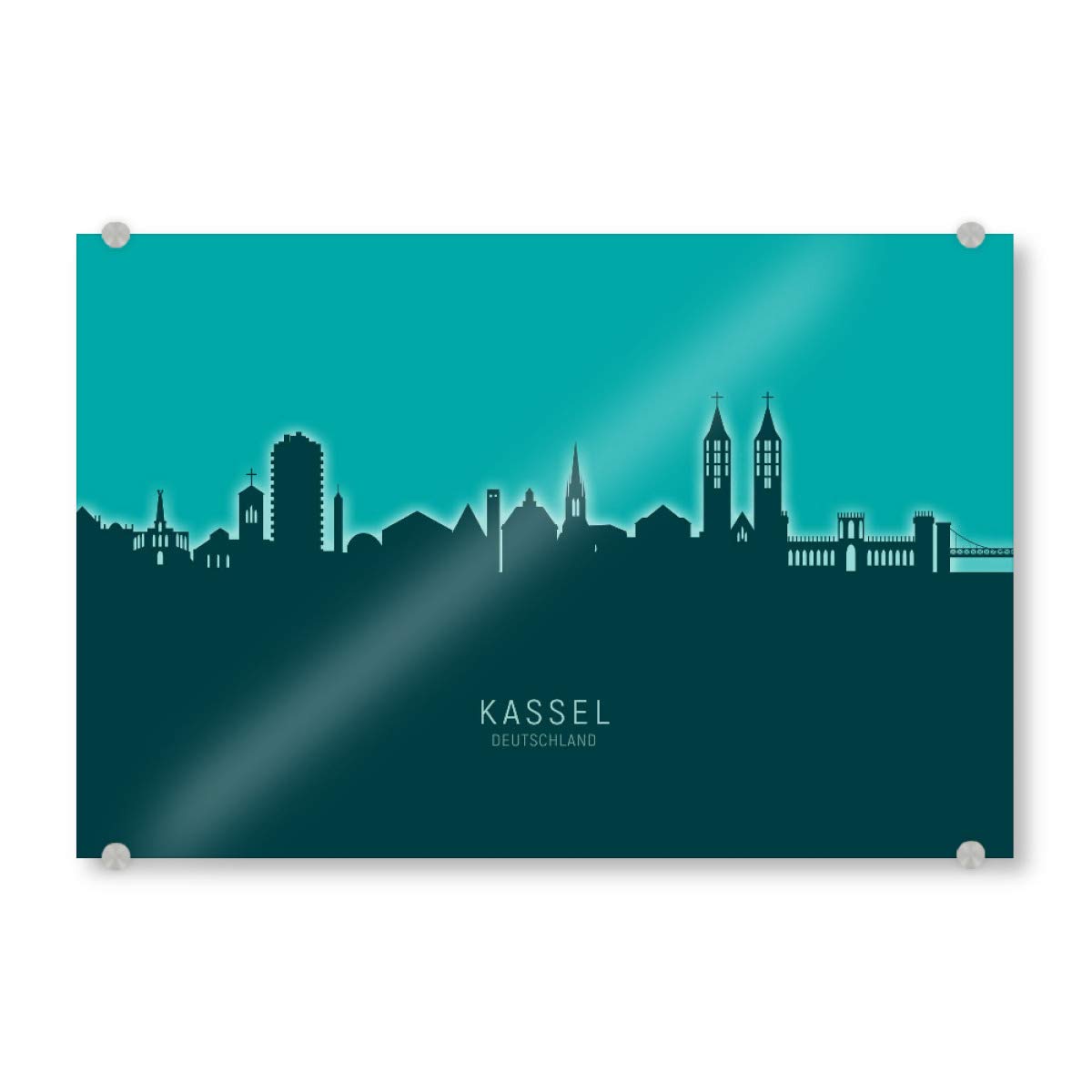 artboxONE Acrylglasbild 60x40 cm Städte Kassel Germany Skyline Glow Teal - Bild Kassel Architektur Buildings