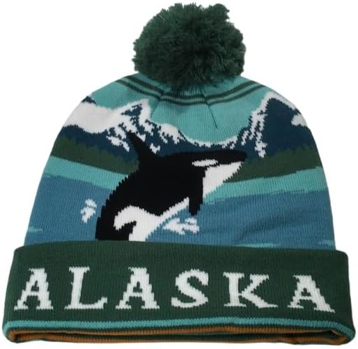 Alaska Beanie Knit Hat Orca Whale with Pom Pom Green Steel Blue White