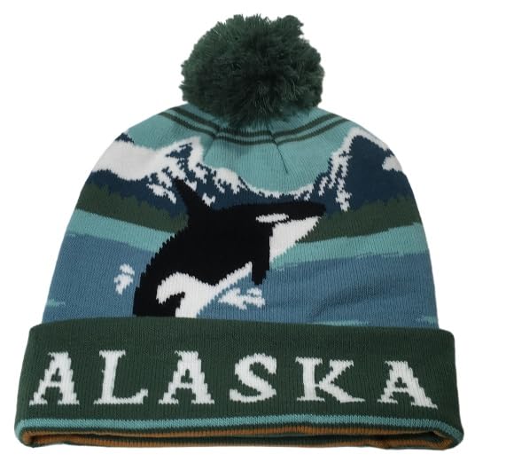 Alaska Beanie Knit Hat Orca Whale with Pom Pom Green Steel Blue White