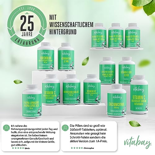 Vitabay Folsäure Tabletten Hochdosiert 1000 mcg (VItamin B9) - 240 VEGANE Tabletten - Folsäure Kinderwunsch Schwangerschaft Vitamine - für Männer - Hohe Bioverfügbarkeit - Laborgeprüft