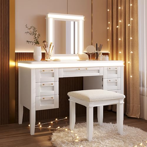 Image of 48 inch Vanity Desk with Mirror, Classic Makeup Vanity with 7 Drawers and Cushioned Stool, Hollow Design Drawer, Rubber Wood Legs, Dressing Table with Bamboo Weave Design, Easy Assembly (Light Beige,08)
