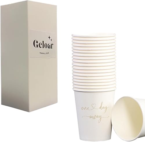 One Day Away - Vasos para cena de ensayo, paquete de 20 vasos de papel desechables dorados de 9 onzas para fiesta de ensayo, cena, boda (tazas de un