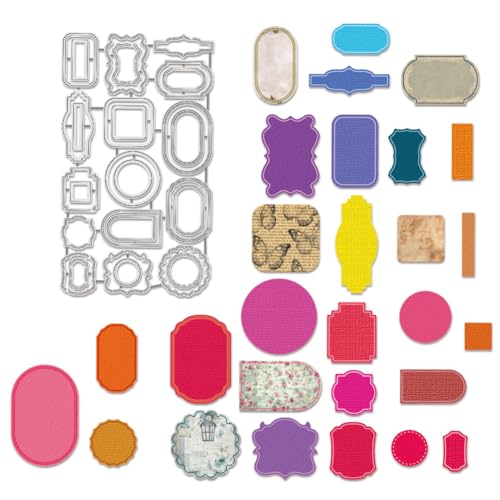 BENECREAT Troqueles de Corte de Etiquetas, 28pcs Plantillas de Metal para Etiquetas Decorativas de Botellas y Tarros, Estarcidos de Relieve para Scrapbooking, Álbum de Fotos, de 0,8mm de Grosor