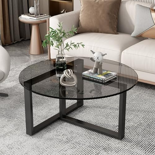 Schwarzer runder Couchtisch aus Glas, 70 cm, Tischplatte aus gehärtetem Glas mit runden Ecken, Anti-Kollisions-Design, stabile schmiedeeiserne Beine, sichere und stabile Wohnzimmermöbel