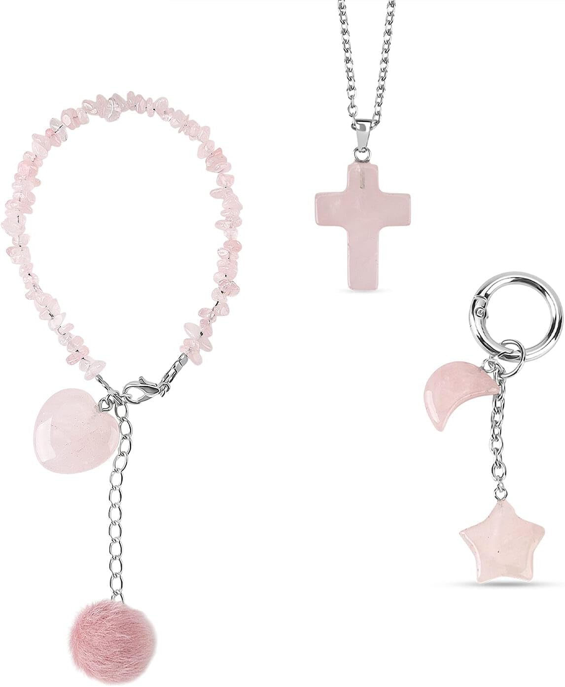 SHOP LC DELIVERING JOY Green Aventurine Gemstone Gift Set of 3 Keyring, Beaded Bracelet and Cross Necklace 18 Inches