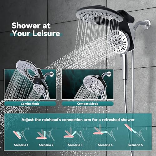 Rain Shower Head with Handheld: Foldable High Pressure Shower Heads with Handheld Spray Combo, 9 Spray Settings/Modes Hand Held Showerhead Dual Rainfall Shower Head Built-in Magnetic Docking and Jets — view 2