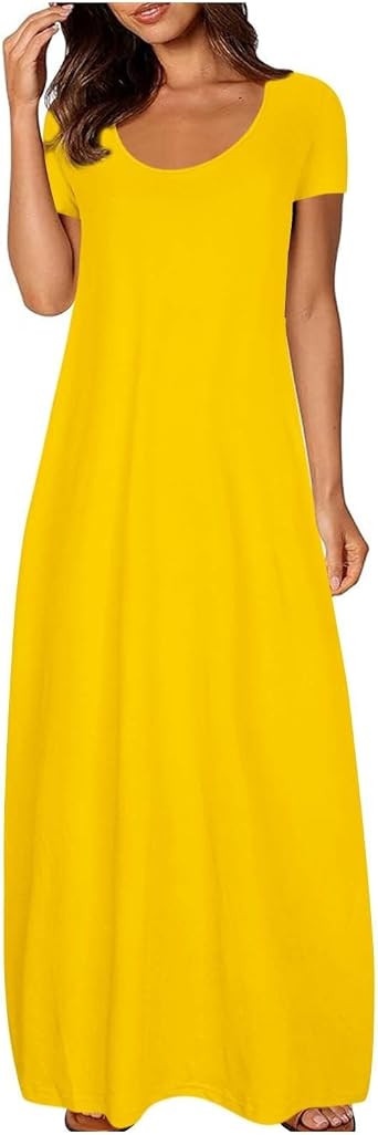 Maxi Dress for Women Short Sleeve Tshirt Dresses Solid Color Long Sundresses 2024 Trendy Casual Loose Dress Women's Fall Dresses