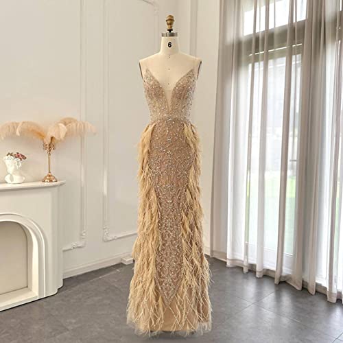 Mbeta Luxury Feathers Mermaid Champagne Evening Dresses For Women Wedding Spaghetti Straps Prom Formal Gowns #TOP17