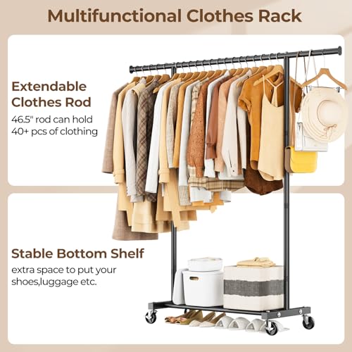 HYSEYY Portable Clothing Clothes Garment Rack Wheels,46.5\" L Sturdy Clothing Racks for Hanging Clothes, Metal Wardrobe Closet Rack Clothes Storage Organizer for Coats, Shirts, Dress,Black