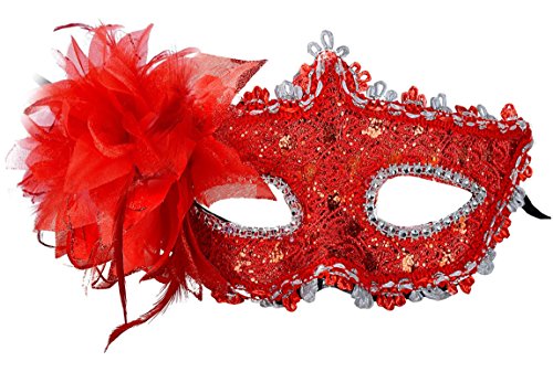 Venetian Style Lace with Rhinestone Liles Costume Masquerade Mardi Mask (Red)