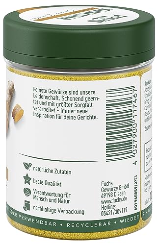 Fuchs Gewürze - Kurkuma gemahlen - für eine gelbe Note in Currys, Nudeln oder Couscous - natürliche Zutaten - 70 g in wiederverwendbarer, recyclebarer Dose