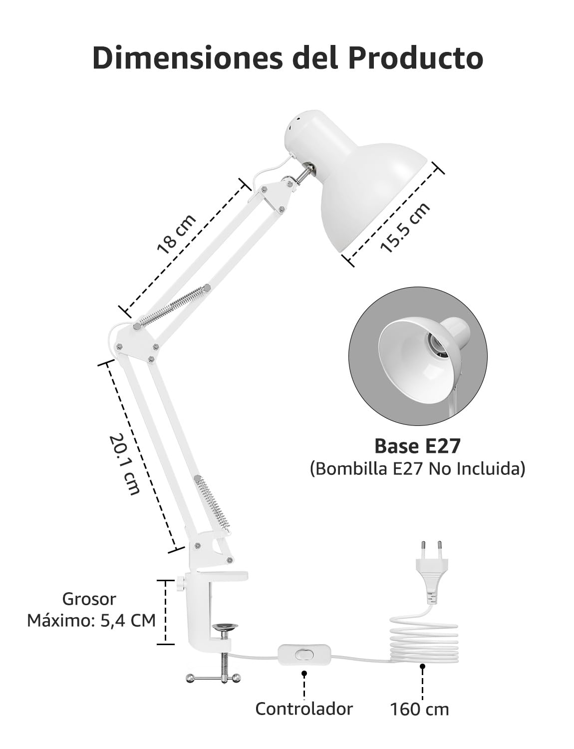 Lepro Lámpara Escritorio LED Industrial con Abrazadera Ajustable, Flexo LED Escritorio Metal Vintage 40W, Lámpara de Mesa de Noche para Cabecera, Estudio, Bombilla E27 No Incluida, Blanco