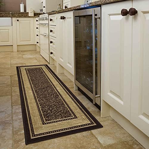 Machine Washable Bordered Design Non-Slip Rubberback 2x7 Traditional Runner Rug for Hallway, Kitchen, Bedroom, Living Room, 1'10" x 7', Brown