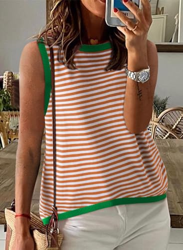 Image of Dokotoo Womens Summer Tops 2026 Casual Striped Color Block High Neck Tank Top Loose Knit High Low Sleeveless Shirts Blouses