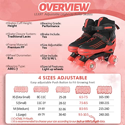 Lejijit Adjustable Roller Skates For Boys Girls Toddler Ages 3-12, 4 Sizes For Kids And Youth Adult With Light Up Wheels, Black Red Roller Skates For Sports. (Toddler 7C-10C) #TOP5