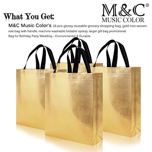 M&C Music Color 16pcs Glossy Reusable Grocery Shopping Bag Tote Bag with Handle Present Bag Gift Bag