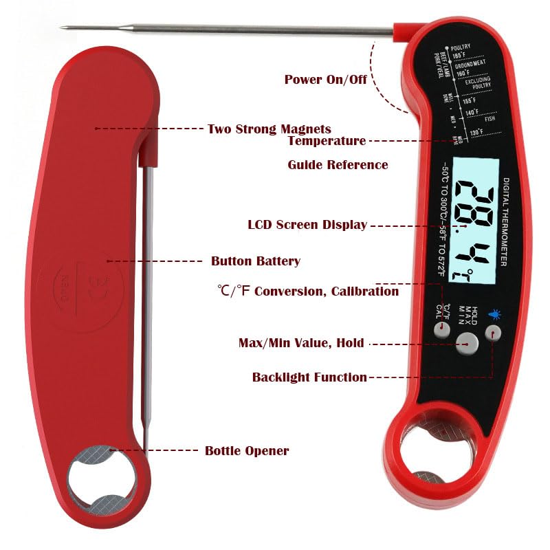 Miniatura 4 de X&E Termómetro digital para carne, lectura instantánea impermeable, sonda plegable, retroiluminación, abrebotellas, imán y calibración, ideal para