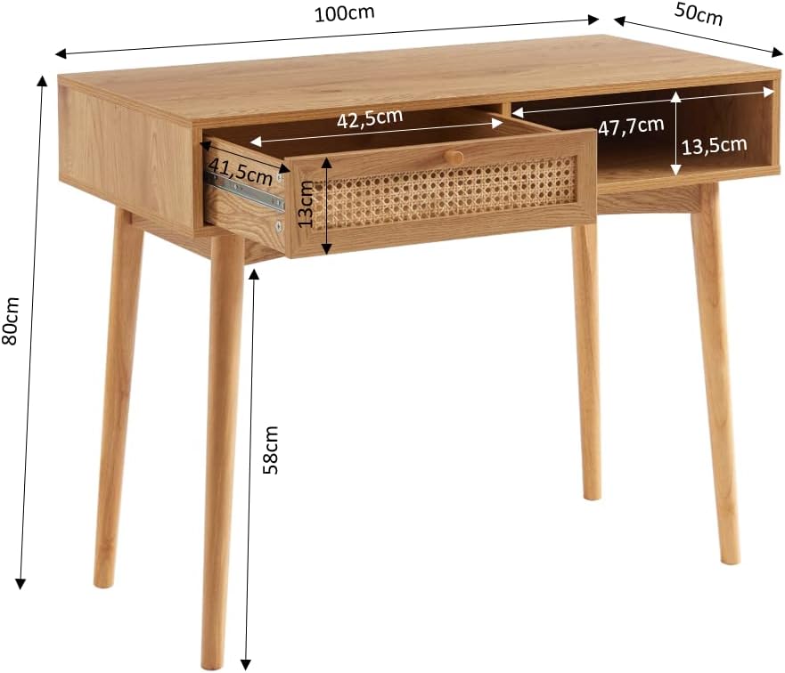 Dimensions diagram for BAÏTA INES Oak Effect and Rattan Cane Desk.