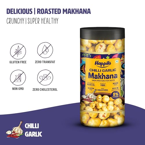 Image of Happilo Makhana Chilli Garlic Jar 80g, Roasted Foxnut Healthy Snack Low Calorie and Vegan (Pack of 5)