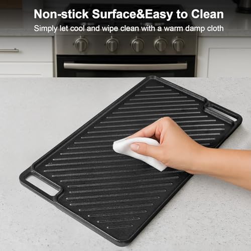 Cast Iron Griddle Pan, Double-Sided Non-Stick Pre-Seasoned BBQ Grill Pan for Gas, Electric, Induction & Oven Safe - 46x26cm Rectangular with Flat & Ridged Surfaces - Image 5