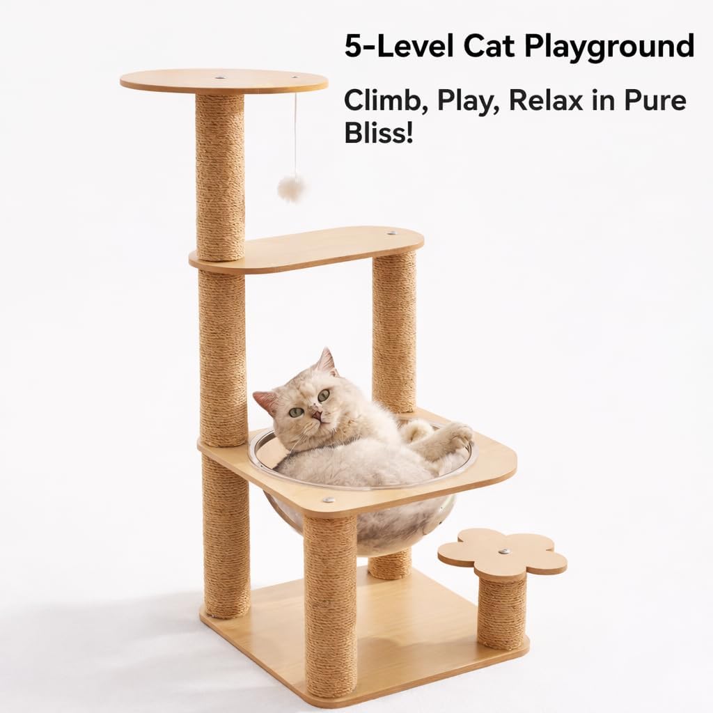32IN Cat Tree with Clear Acrylic Bowl Bed, Multi-Level Cat Tower with Sisal Scratching Posts, Wooden Platforms and Hanging Toy, Indoor Cat Climbing Activity Furniture