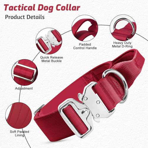 Ledeak Taktisches Hundehalsband, Weich Gepolstert Breites Nylon Hundehalsband mit Griff, Verstellbares Hunde Halsband mit Metallschnalle, Dog Collar für Große und Mittelgroße Hunde (Rot, L)-2