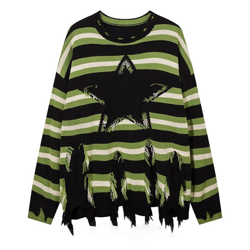 Striped Oversized Sweater Women Men Gothic Punk Goth Grunge Ripped Distressed Knitted Star Y2k Pullover Sweater