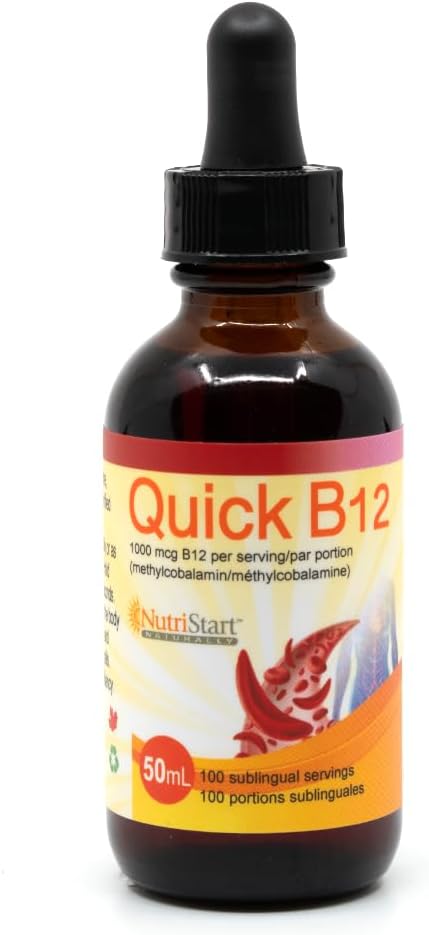Nutristart Quick B12 Sublingual Drops– 1000 mcg Methylcobalamin, No Additives, Vegan Liquid B12- Supports Energy Production, Nervous System Health, Made in Canada (50 mL)