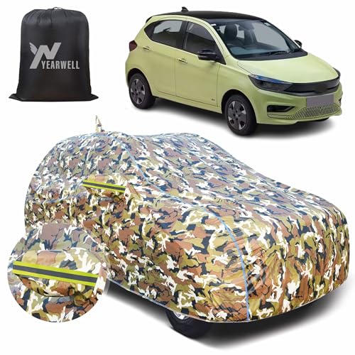 Image of Car Body Cover for Tata Tiago EV, 100% Waterproof with Mirror & Antenna Pockets, Military Print Design, UV & Dust Protection, Triple Stitched, Sky Piping & Reflector (Jungle Print)