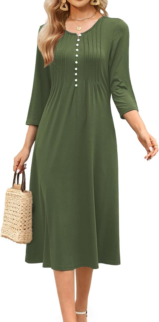 Soesdemo Long Sleeve Dress for Women Casual V Neck Pleated Button Down 3/4 Sleeves Knee Length Midi Dresses with Pockets