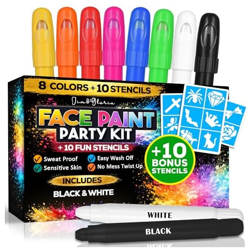 Jim&Gloria Face Paint Makeup Kit - 8 Large Pens with Stencils Washable Body Markers for Kids and Adults. Cool stuff for Football Games Sports Halloween The day of the dead Thanksgiving Christmas Gift