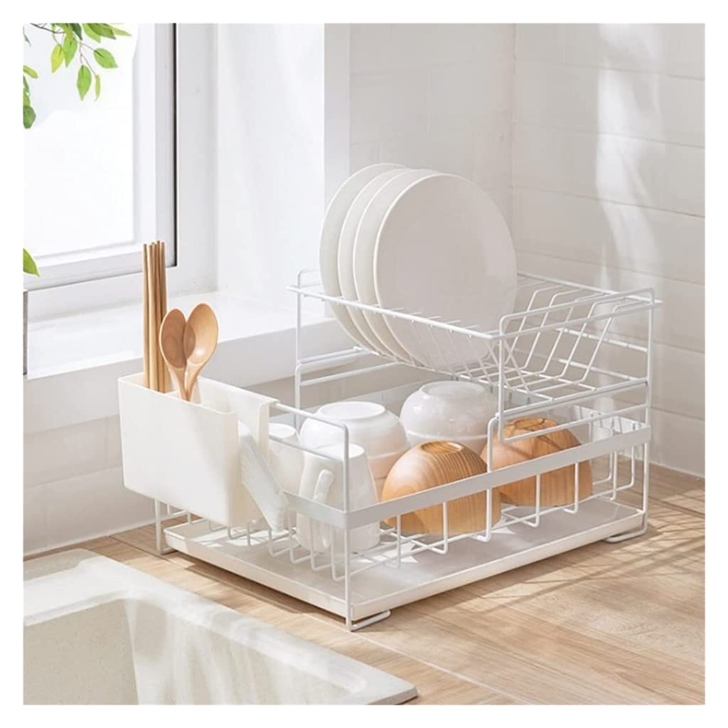 AZHKJKZH Dish Rack Dish Rack With Drainboard Kitchen Countertop Utensil Organizer Storage For Home Black White 2-Tier For Small Kitchen(White)