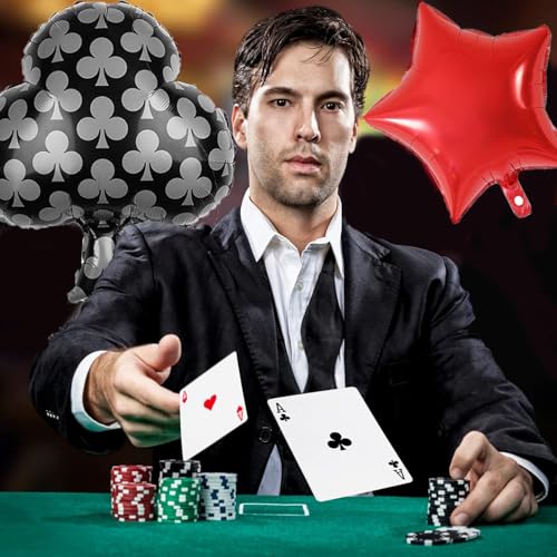 Image of AMFIN (Pack of 14) Casino Theme Foil Balloon Set, Elevate Your Party, Spades - Black, Red & Gold