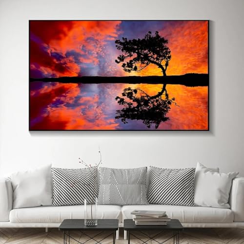 Toile paysage lac et nuages colorés couché de soleil art mural sans cadre 50x70 cm